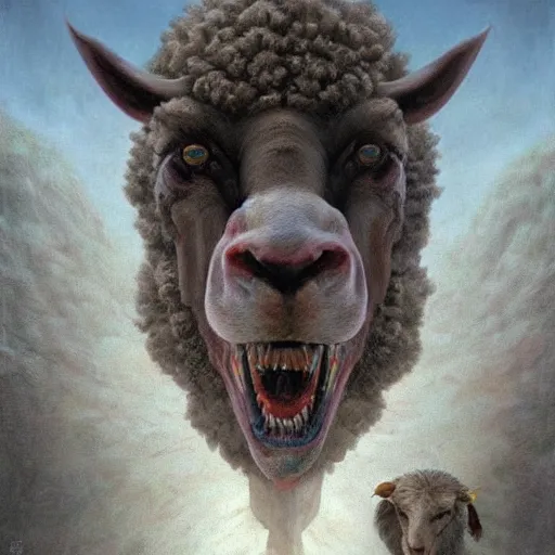 Image similar to vladimir putin, sheep chimera vladimir putin, putin face chimera, macabre, horror, by donato giancola and greg rutkowski and wayne barlow and zdzisław beksinski, digital art