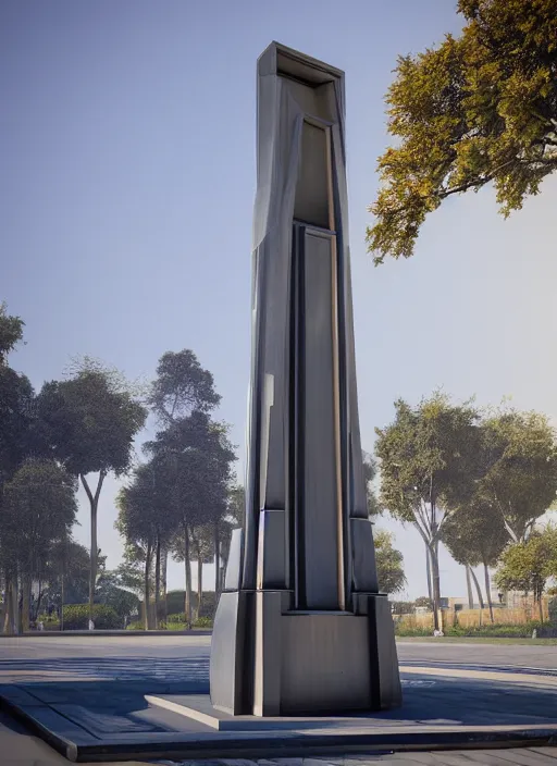 Image similar to highly detailed architecture render of a futuristic metallic monument stele standing on the road archdaily made in unreal engine 4