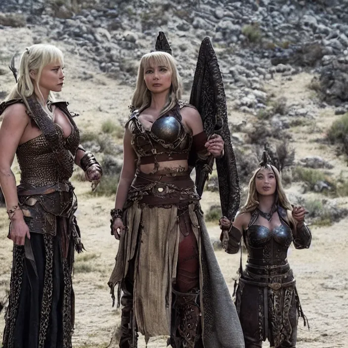 Prompt: movie still of lindsey pelas and emilia clarke as xena