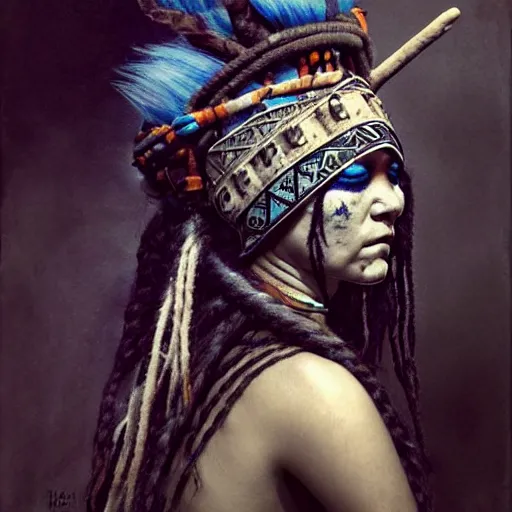 Image similar to A young blindfolded shaman woman with a decorated headband performing a pagan ritual, in the style of heilung, blue hair dreadlocks and wood on her head, tribal piercing and tatoos , atmospheric lighting, intricate detail, cgsociety, ambient light, dynamic lighting, art by karol bak