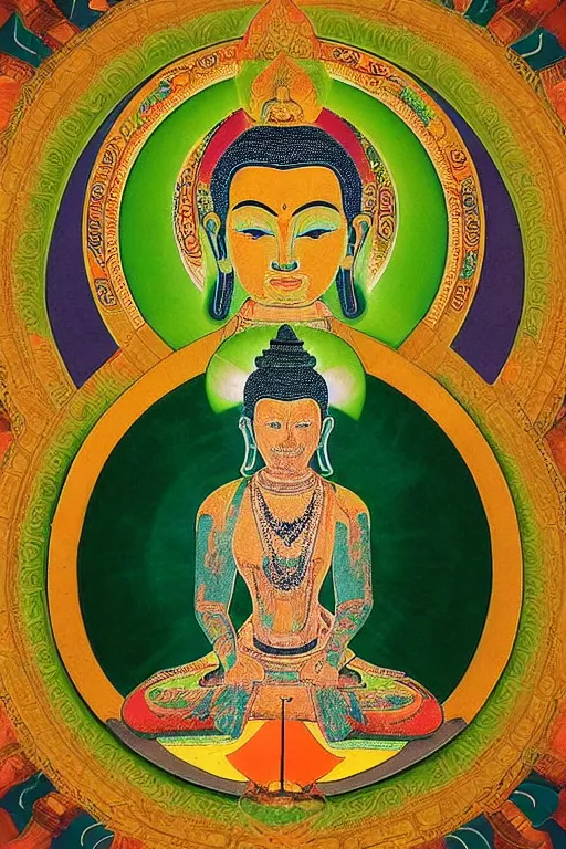 Image similar to A very Beautiful Green Tara portrait, a geometric figure representing the universe in tibet and Buddhist symbolism, Shine in of the Mandala background by H. R. Giger,portrait,ཐང་ཀ་,ཛཾ་བྷ་ལ།,symmetrical, 8k resolution, photorealistic, high detail ,Unreal Engine, Trending on artbreeder. Green color scheme