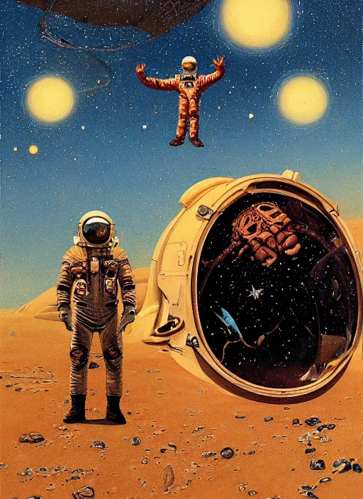 Prompt: realistic detailed image of an cosmonaut alone in the desert next to whale skeleton and stars fill the night sky in the style of Francis Bacon, Surreal, Norman Rockwell and James Jean, Greg Hildebrandt, and Mark Brooks, triadic color scheme, By Greg Rutkowski, in the style of Francis Bacon and Syd Mead and Edward Hopper and Norman Rockwell and Beksinski, open ceiling, highly detailed, painted by Francis Bacon, painted by James Gilleard, surrealism, airbrush, Ilya Kuvshinov, WLOP, Stanley Artgerm, very coherent, art by Takato Yamamoto and James Jean