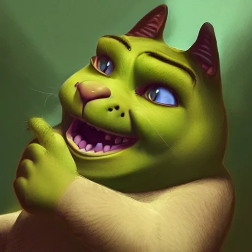 Image similar to hybrid of cat and shrek, half shrek - half cat, digital art, photo realistic, highly detailed, art by george stubbs, anton fadeev, james gurney, ilya kuvshinov