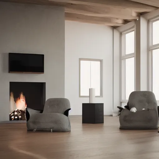 Image similar to two armchairs sitting in front of a cosy fireplace, modern home design interior, octane render, hyperrealistic, concrete archetecture, vray, volumetric lighting, cinema 4 d, unreal engine