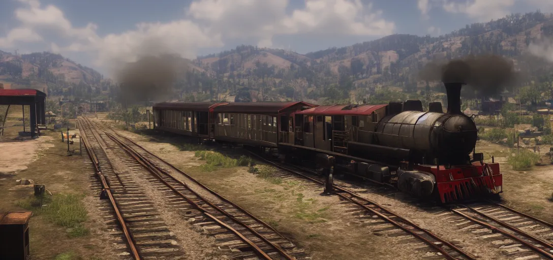 Image similar to A train in red dead redemption 2, screenshot, high quality image, widescreen, 8k, octane render