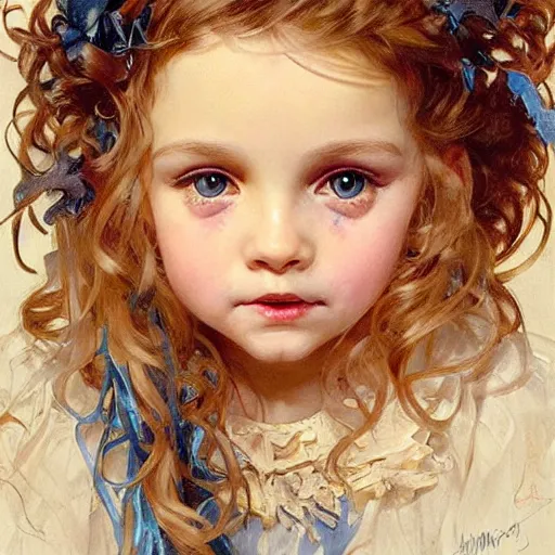 Prompt: a cute happy little girl with light brown wavy curly hair and blue eyes sitting amidst piles of halloween decorations. beautiful cute highly detailed face. halloween themed painting by artgerm and greg rutkowski and alphonse mucha.