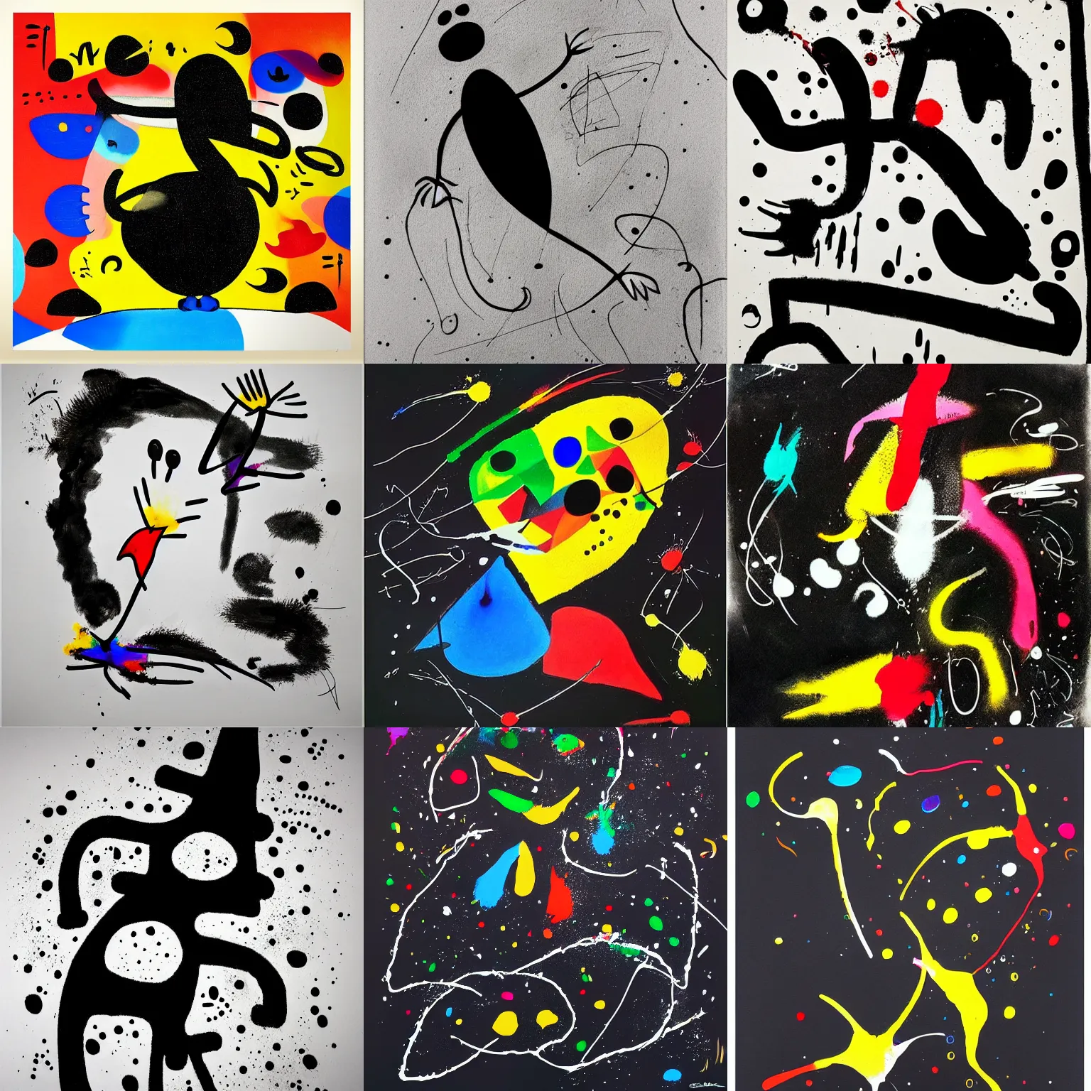 Prompt: masterpiece, black background, artwork by joan miro, trending on ArtStation, ink splatters, pen lines, incredible detail, creative, positive energy, happy, unique, negative space, face, artgerm