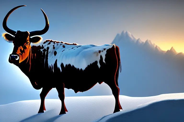 Prompt: an winter painting of a longhorn steer on a high bluff, key visual, concept art, extremely moody lighting, highly detailed, digital painting, artstation, unreal engine