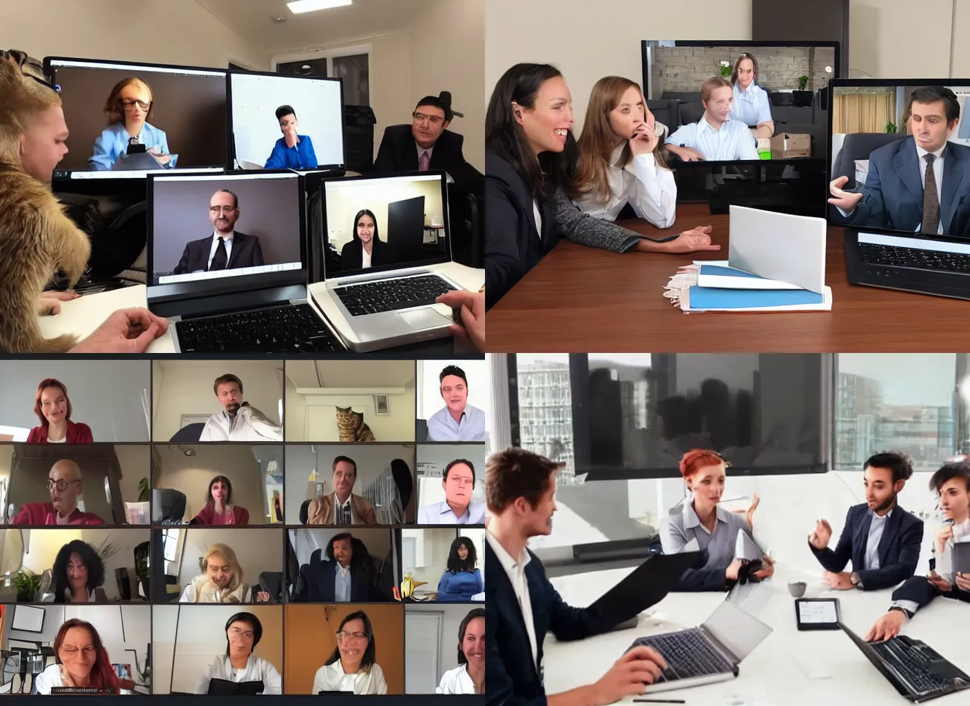 Prompt: business cats on Zoom holding a very important meeting about the amount of kibble received each night, video conference, laptop camera, cats, cats, cats