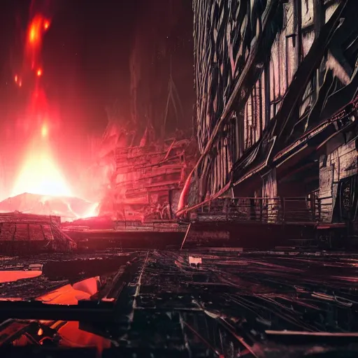 Image similar to a black hole is destroying a gothic cyberpunk City, catastrophic, fire and explosions, the feeling of dread, photorealistic, octane render, unreal engine