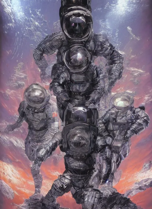 Image similar to astronauts in dark void underwater - complex and hyperdetailed technical suit. reflection and dispersion materials. rays and dispersion of light. volumetric light. f / 3 2. noise film photo. flash photography. ultra realistic, wide angle. poster by wayne barlowe, hajime sorayama aaron horkey, craig mullins