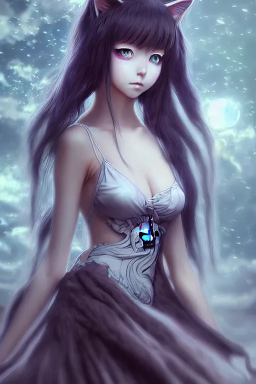 Image similar to ultra realistic, beautiful young catgirl, cat dress, modern anime, fantasy, eerie, intricate details, atmospheric, elegant, super highly detailed, professional digital painting, artstation, concept art, 8k, art by artgerm and eiichiro oda and koyoharu gotouge