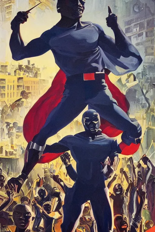 Prompt: nigerian superhero, an ultrafine detailed painting by john philip falter, austin briggs, cg society, american scene painting, dystopian art, american realism, academic art, movie poster, poster design, concert poster