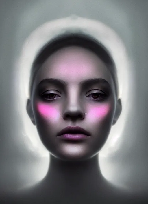 Image similar to an ethereal, misty portrait of a woman whose face is accented with neon - toned glowing eyeliner. the makeup floats off her face and joins swirling clouds of smoke and fog, becoming an aurora. muted tones. surreal portrait, cinematic lighting, 8 k, smooth, sharp focus, digital painting, rendered in octane, painted by tom bagshaw, artgerm