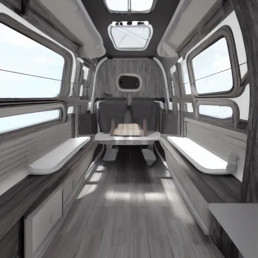Prompt: futuristic converted van interior, vanlife, octane render, 8k