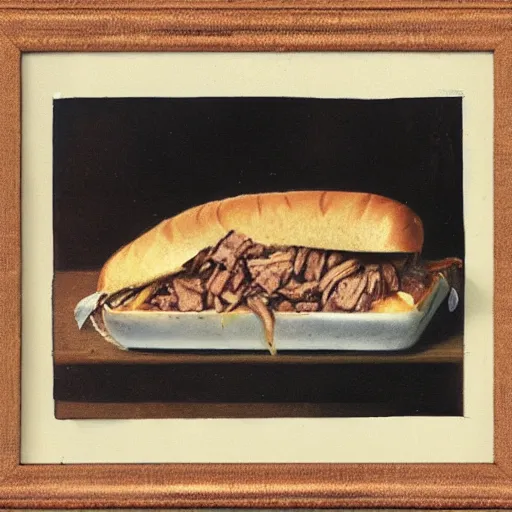 Prompt: Cat eating a big sandwich by Rembrant. Polaroid 70\'s photo