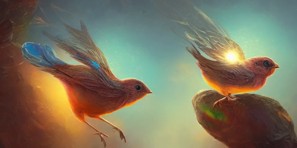 Image similar to baby bird, sunrise, pot of gold, rainbow, sci-fi, fantasy, intricate, very very beautiful, elegant, highly detailed, digital painting, artstation, concept art, smooth, sharp focus, illustration