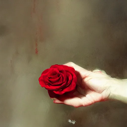 Image similar to hyperrealistic hand holding a red rose by ruan jia and greg rutkowski