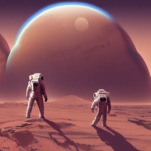 Prompt: astronauts arriving on mars, digital painting, ambient lighting, hyperdetailed, rendered, 8 k, 4 k, trending on artstation, space