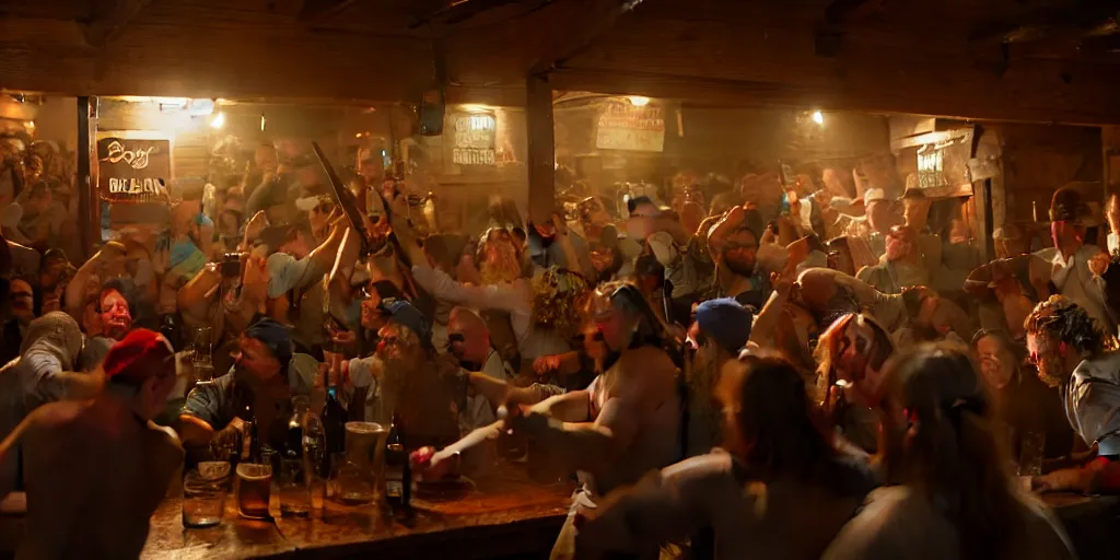 Prompt: a bar fight inside a pub between hobbits and dwarves and elves, 4k, hyperrealism, editorial, photorealistic, crisp details, sharp focus, wide angle lens, octane render, caustics