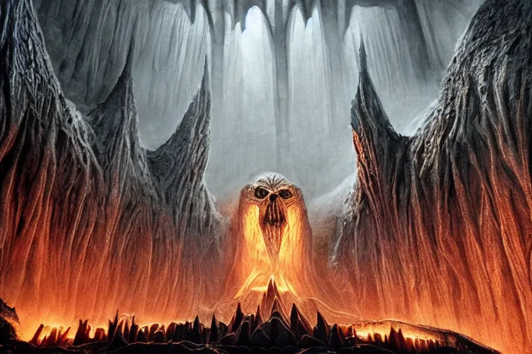 Prompt: a balrog lurking in moria, style of h. r. giger, many columns, mines of moria from the lord of the rings in the style of h. r. giger, directed by ridley scott, dark, cinematic, highly detailed, cinemascope