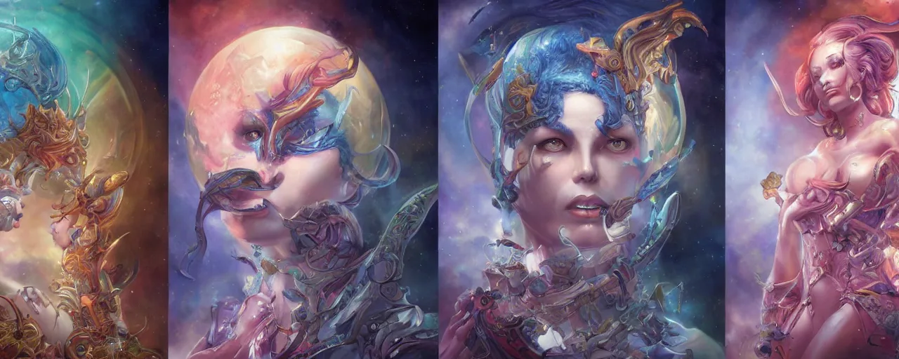 Image similar to beautiful gemini good and evil fantasy female character portrait, highly saturated colors, ultra realistic, wide angle, intricate details, the fifth element artifacts, holographic undertones, highly detailed by peter mohrbacher, hajime sorayama, wayne barlowe, boris vallejo, aaron horkey, gaston bussiere, craig mullins