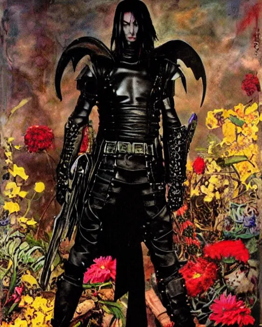 Image similar to portrait of a skinny punk goth keanu reeves wearing armor by simon bisley, john blance, frank frazetta, fantasy, thief warrior, colorful flowers floral