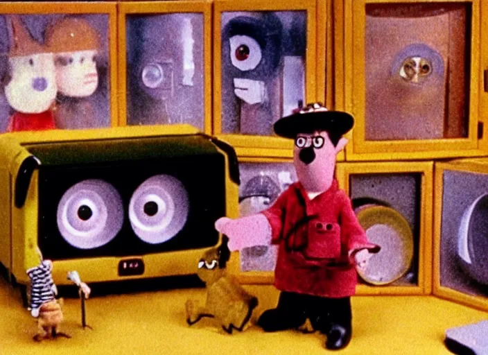 Prompt: a scene from a 1 9 7 0 s british kids tv programme by the bbc and oliver postgate, stop motion animation, postman pat, vhs distortion, cathode ray tube distortion, folk horror, hauntology