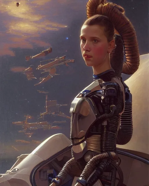 Prompt: a realistic oil painting of a girl resembling alicia vikander or millie bobby brown wearing a spacesuit in a futuristic mechanical spaceship engine, highly detailed, intricate, artstation, by donato giancola and william adolphe bouguereau