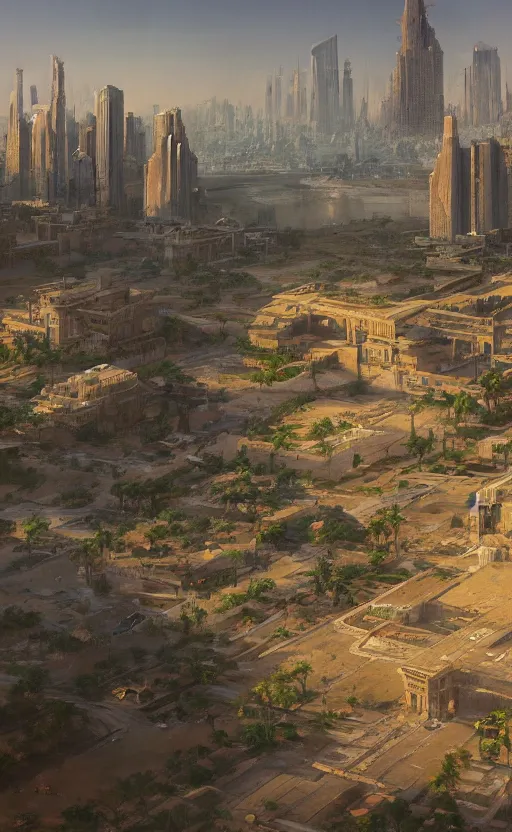 Image similar to Prosperous verdant high tech city in ancient Egypt, masterpiece digital painting by Greg Rutkowski, Alex Grey, artstation, 4k wallpaper