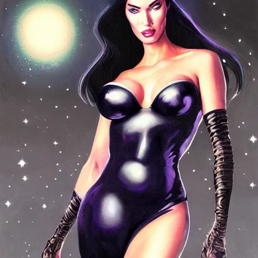 Prompt: portrait of megan fox as zartanna, wearing a tight black latex dress with galaxy lights and stars, sultry muscular body, fantasy, intricate, elegant, highly detailed, digital painting, artstation, concept art, matte, sharp focus, perfect face symmetry, illustration, art by aenaluck and roberto ferri and greg rutkowski, epic fantasy, digital painting