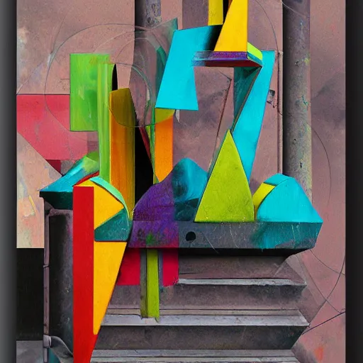 Prompt: abstract geometric sculpture, las pozas, punk fanzine cut outs, oil on canvas, surrealism, neoclassicism, simple, renaissance, hyper realistic, spray paint, cell shaded, 8 k