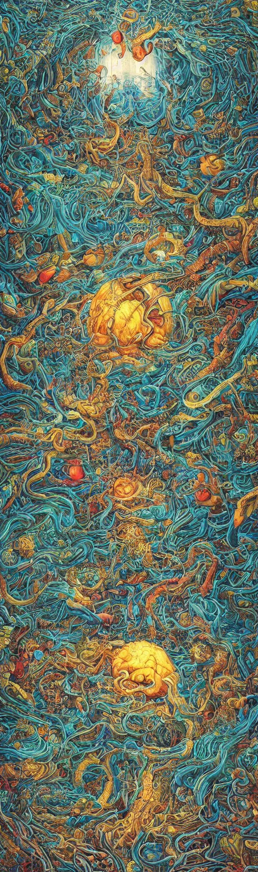Prompt: the day the brain and the eyeball discovered that we were in a simulation by james jean, by jacek yerka, bioluminescence, rainbow, lovecraftian, masterpiece, cosmic horror, poster art, clear focus, cinematic lighting, hyper detailed
