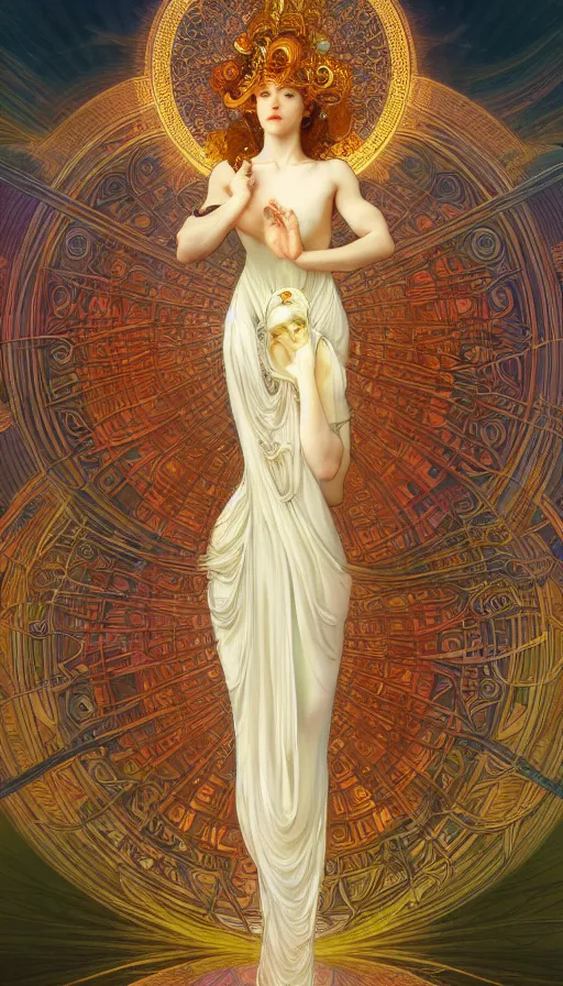 Image similar to goddess angel of tranquility. hyper detailed, character concept, full body, dynamic pose, intricate, lineart, cerpuscular rays, by yoshitaka amano, alfons mucha, 4 k