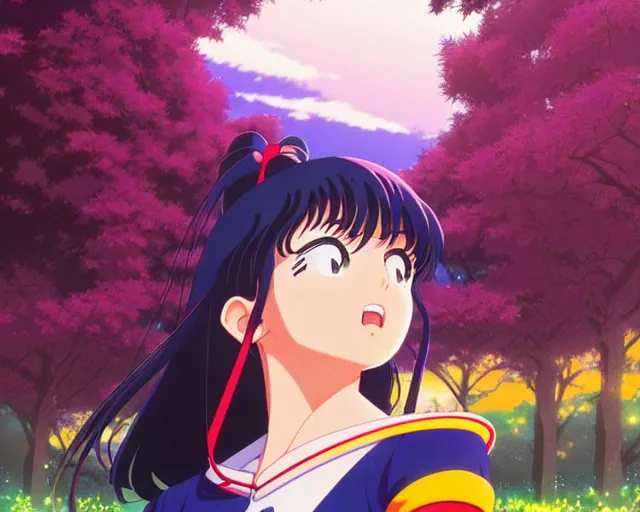 Image similar to Rei Hino from Sailor Moon, park in background, bokeh. anime masterpiece by Studio Ghibli. illustration, sharp high-quality anime illustration in style of Ghibli, Ilya Kuvshinov, Artgerm