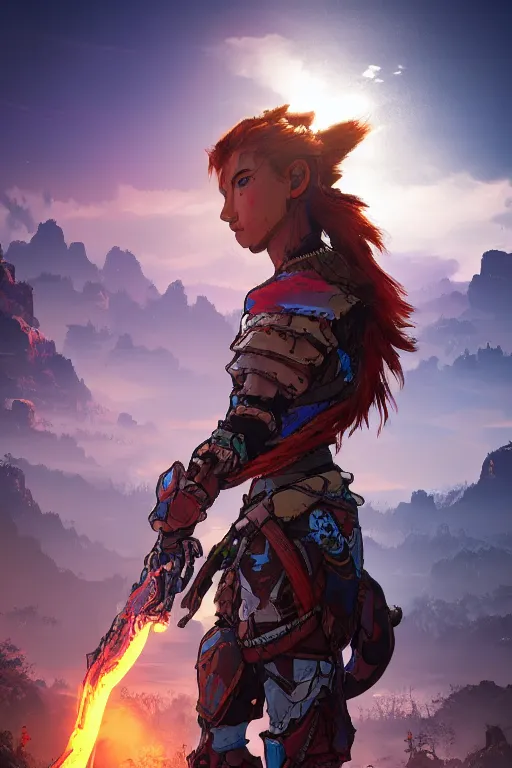 Image similar to combination suit armor aloy horizon forbidden west horizon zero dawn radiating a glowing aura global illumination ray tracing hdr fanart arstation by ian pesty and alena aenami artworks in 4 k tribal robot ninja mask helmet backpack