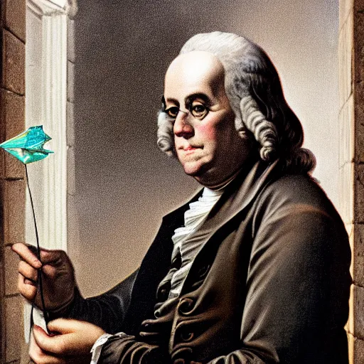 Image similar to closeup portrait of Benjamin Franklin with a kite in a smoky new york street, by Steve McCurry and David Lazar, natural light, detailed face, CANON Eos C300, ƒ1.8, 35mm, 8K, medium-format print