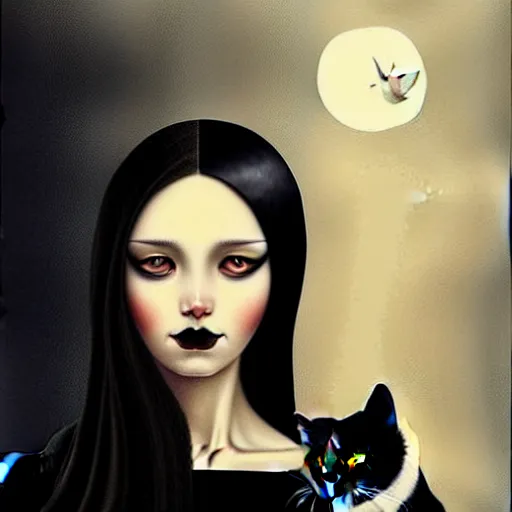 Image similar to a painting of a woman holding a cat, a photorealistic painting by tran nguyen and ilya kuvshinov, featured on deviantart, gothic art, goth, gothic, detailed painting