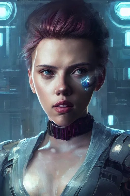 Image similar to a beautiful portrait of Scarlett Johansson as an attractive cyborg by Greg Rutkowski, Sung Choi, Mitchell Mohrhauser, Maciej Kuciara, Johnson Ting, Maxim Verehin, Peter Konig, final fantasy , mythical, 8k photorealistic, cinematic lighting, HD, high details, atmospheric,