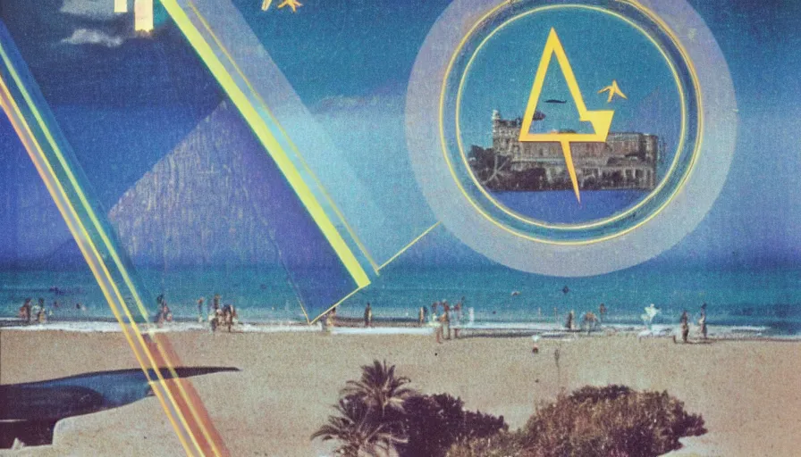 Image similar to A 1985 vintage magazine architecture photo of a, mediterranean architecture, refracted lines and sparkles, thunderstorm outside, beach on the background major arcana sky and occult symbols, hyperrealistic, award-winning, 1985