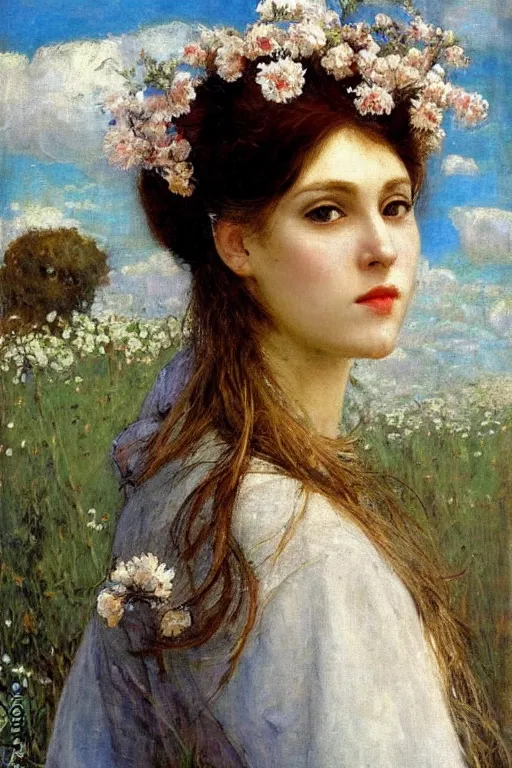 Prompt: close - up fashion woman portrait airy flowers cloudy sky art by vasnetsov