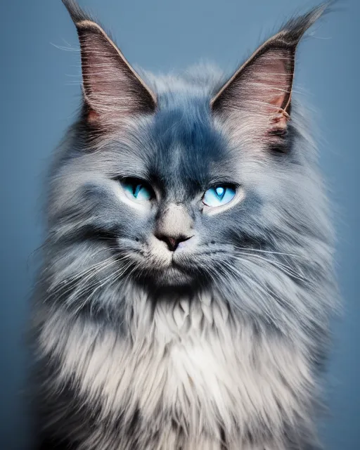 Prompt: An extremely beautiful studio photo of a blue Maine Coon cat (it\'s a cat whose fur is blue), bokeh, 90mm, f/1.4