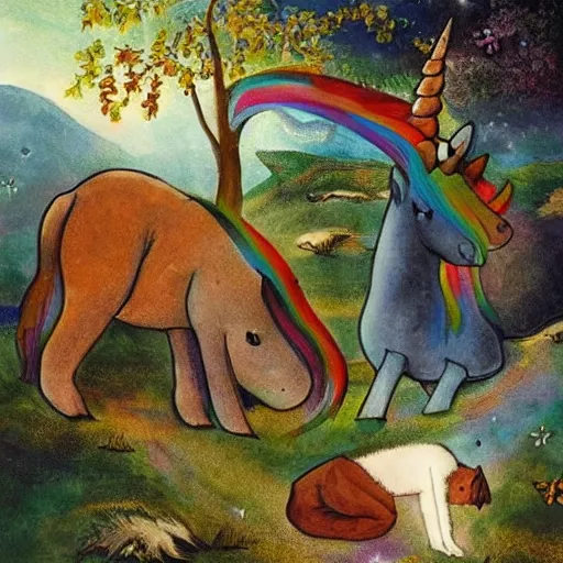 Image similar to dream : a fabulous landscape, a magical unicorn. a boy is sitting astride him. a cat is lying