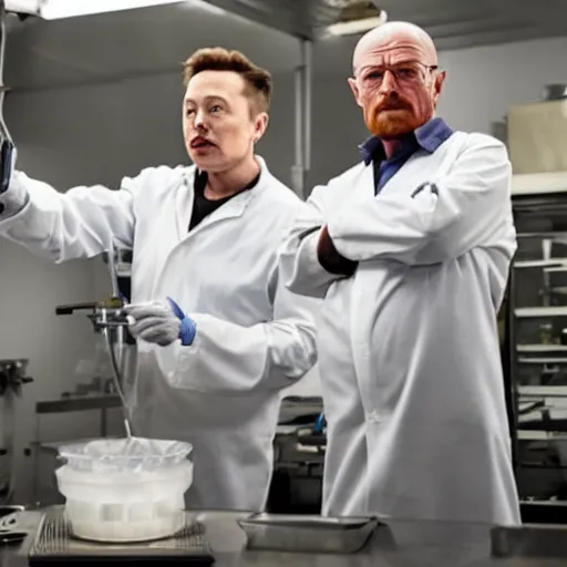 Image similar to elon musk and walter white cooking meth in a laboratory, amazing detail, detailed faces, sharp, 8k