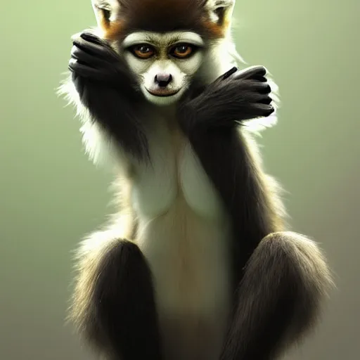 Image similar to fox as a monkey, fluffy white fur, black ears, stunning green eyes, extremely long white tail with black tip, award winning creature portrait photography, extremely detailed, artstation, 8 k, sensual lighting, incredible art, wlop, artgerm