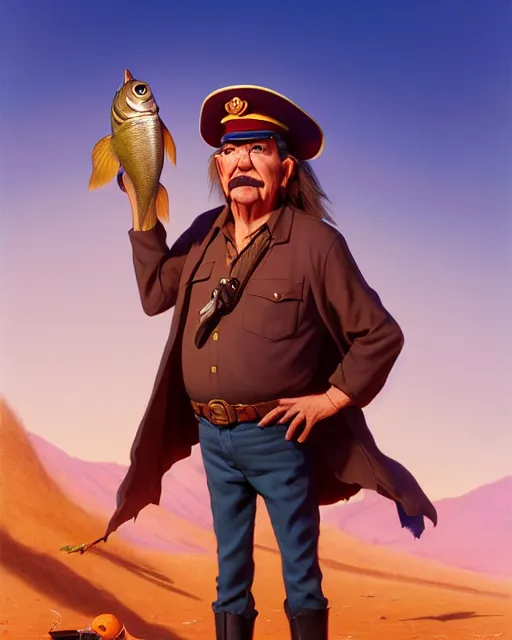 Image similar to disney pixar portrait 8 k photo of captain beefheart standing in the desert holding a fish : : by weta, greg rutkowski, wlop, ilya kuvshinov, rossdraws, artgerm, annie leibovitz, rave, unreal engine, alphonse mucha : :