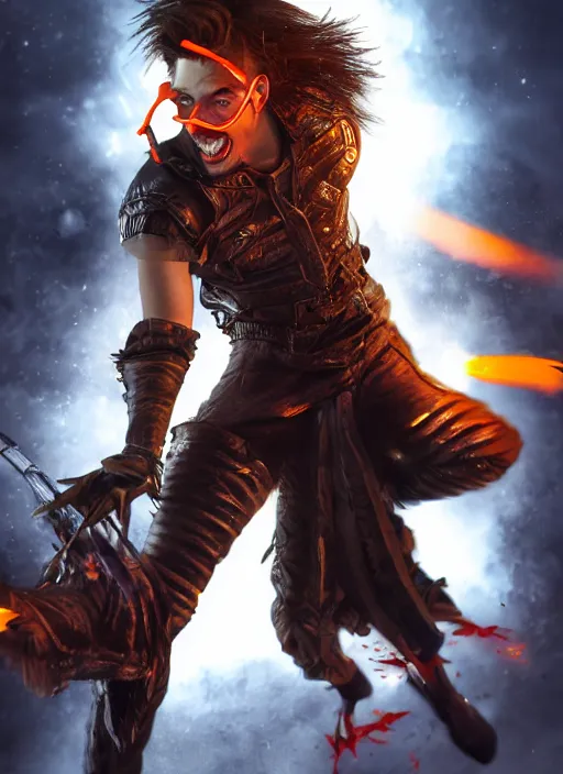 Image similar to An epic fantasy comic book style portrait painting of young man with red spiked long hair, using an orange lens googles. Wearing white shirt, a black waistcoat, brown pants and black boots. He is with a vicious smile in face. Unreal 5, DAZ, hyperrealistic, octane render, cosplay, RPG portrait, dynamic lighting