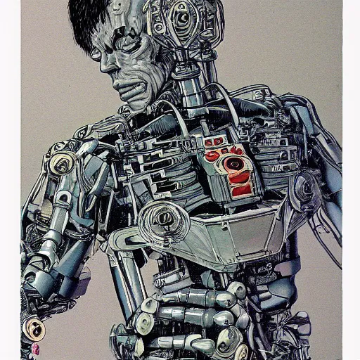 Image similar to a man with cybernetic arms, highly detailed, by katsuhiro otomo