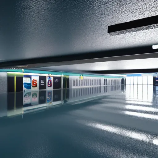 Image similar to photo of a subway station, the floor is flooded with one meter deep water. eerie, volumetric lighting. highly - detailed 4 k