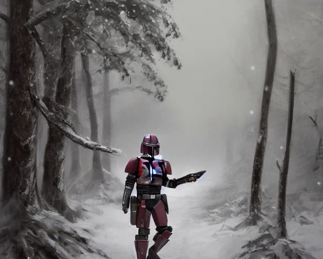 Prompt: a mandalorian with a red and grey helmet facing a long dark haired man, from side view close up, in a snowy forest setting, hard edges concept art, highly detailed, great cinematic lighting, 8 k, depth of field, 3 d, art by greg rutkowski, trending on artstation, cinematographic shot